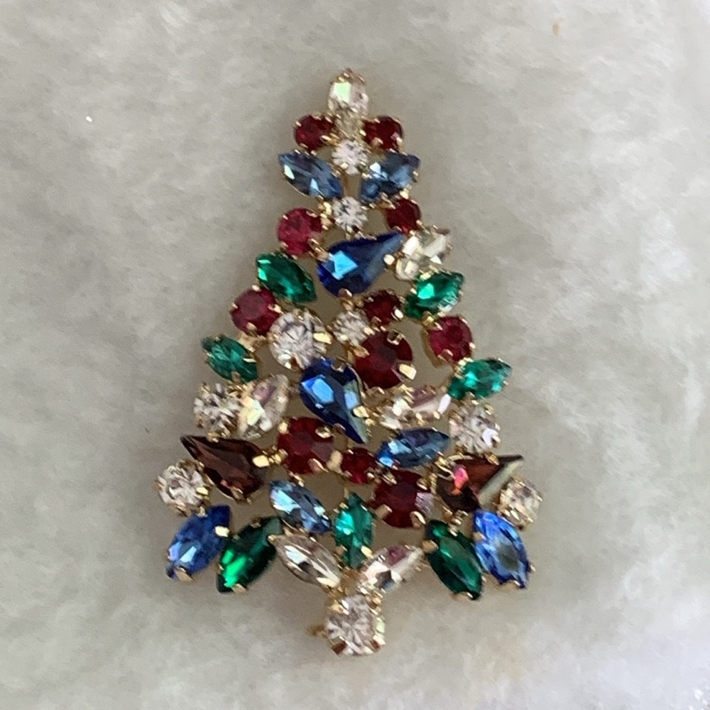 Festive Multicolor Crystal Christmas Brooch